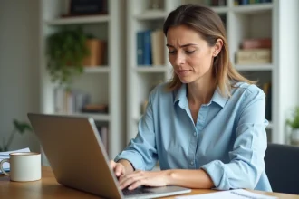 Femme effectuant un virement bancaire en ligne sur un ordinateur portable depuis son bureau à domicile, illustrant le virement instantané La Banque Postale