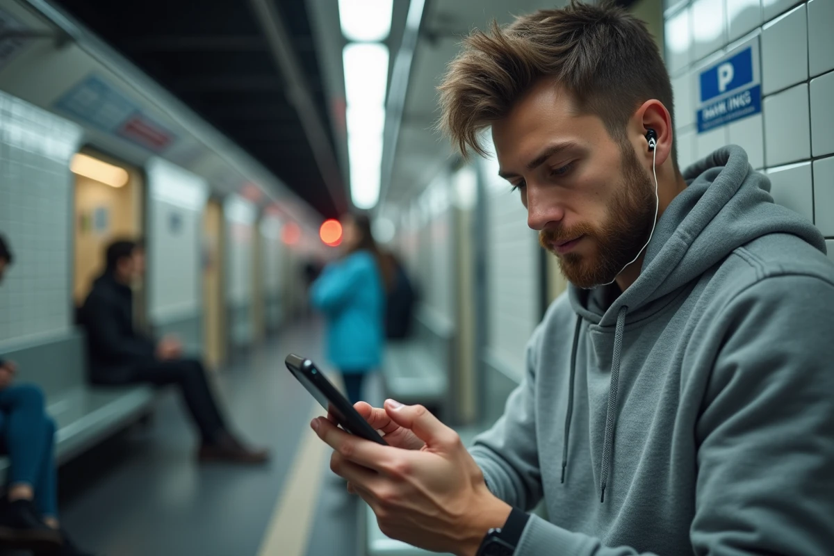 Jeune homme vérifiant un virement bancaire instantané sur son smartphone dans le métro, illustrant la rapidité des opérations La Banque Postale