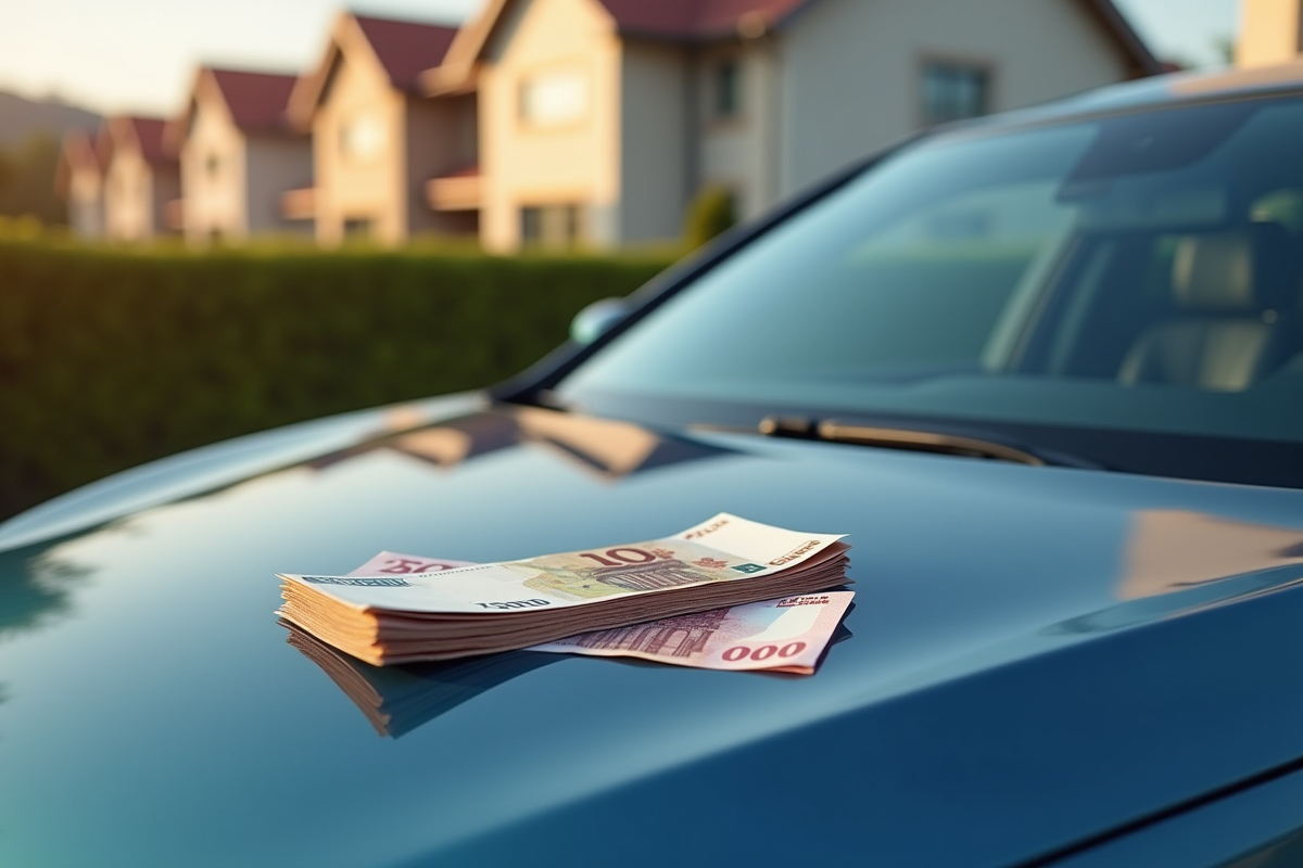 Voiture neuve garée devant une maison avec des billets et documents de prêt